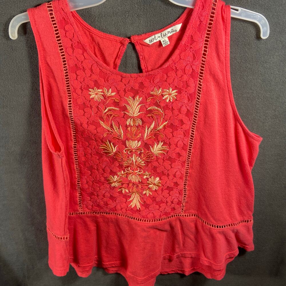 sol luna women tank top XL‎ embroidered lace boho cottagecore peasant peplum